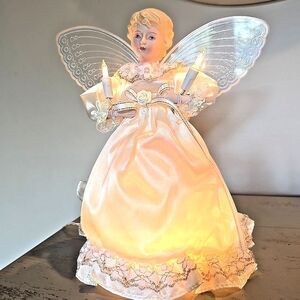 Vintage Christmas Angel Tree Topper Light Up Wings Candle White Gown